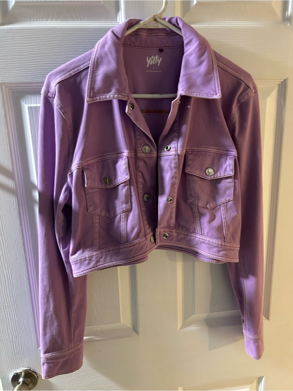 Yitty Denim Is Served Cropped Jacket In A Lavender Purple Color Size Large